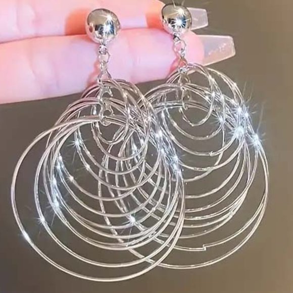 SILVERY CIRCLES CIRCLES CIRCLES LARGE HOOP EARRINGS 49 - Picture 1 of 2